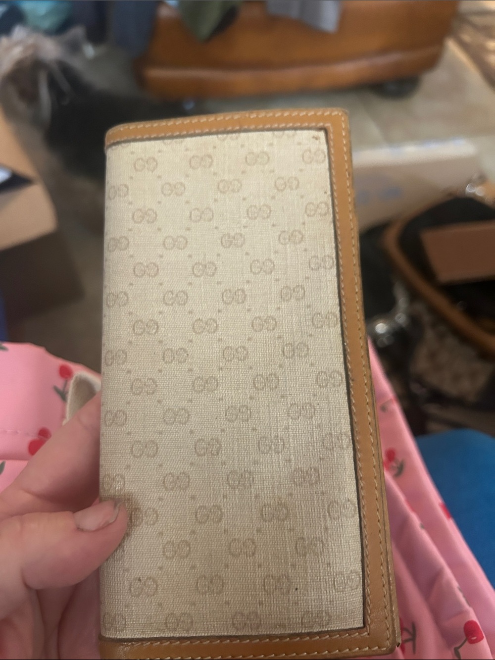 Gucci Beige Monogram Canvas Trifold Wallet with Tan Leather Trim